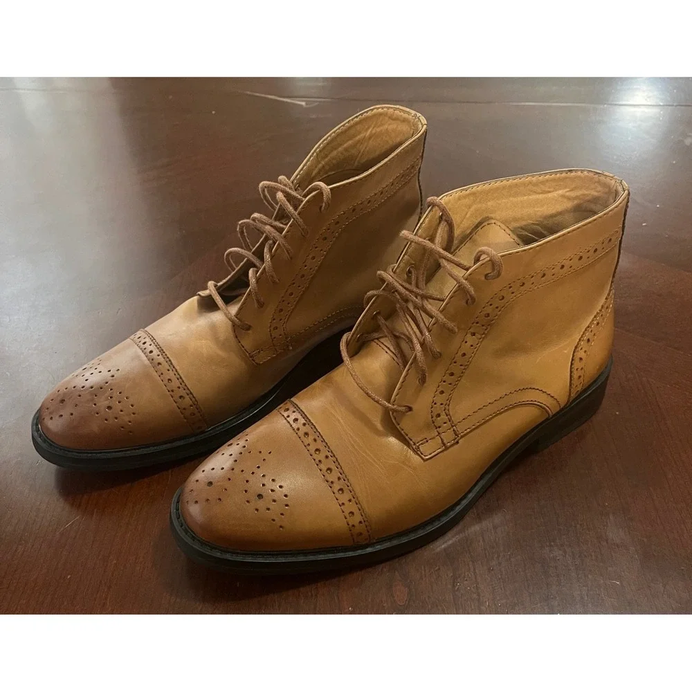 La Milano Mens Patina Tan Leather Wingtip Brogue Cap Toe Ankle Boots Size 9.5